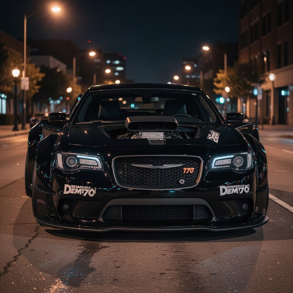 A sleek black Chrysler 300 Demon 170, showcasing its distinctive Demon 170 badging prominently displayed on the front fenders