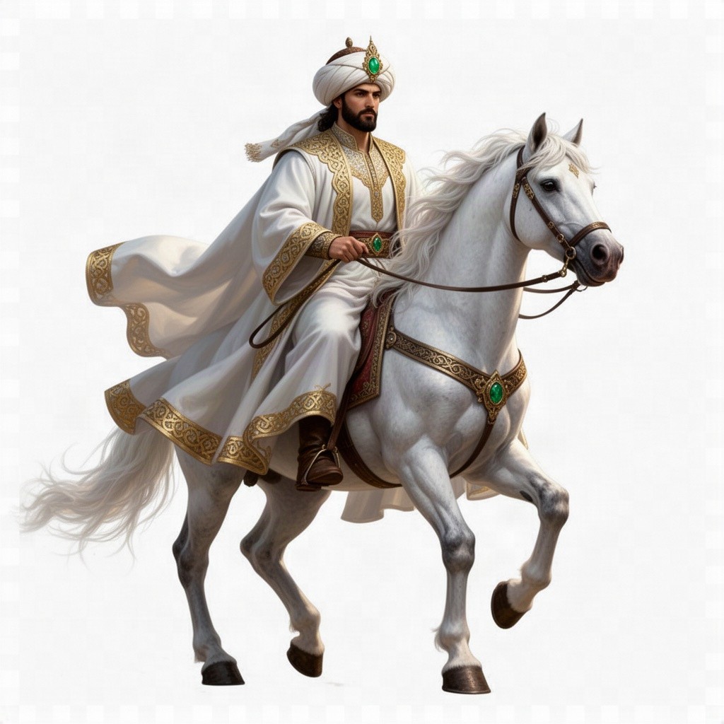 A striking Seljuk Sultan warrior from the medieval era, dressed in a flowing white robe adorned with ornate gold trim
