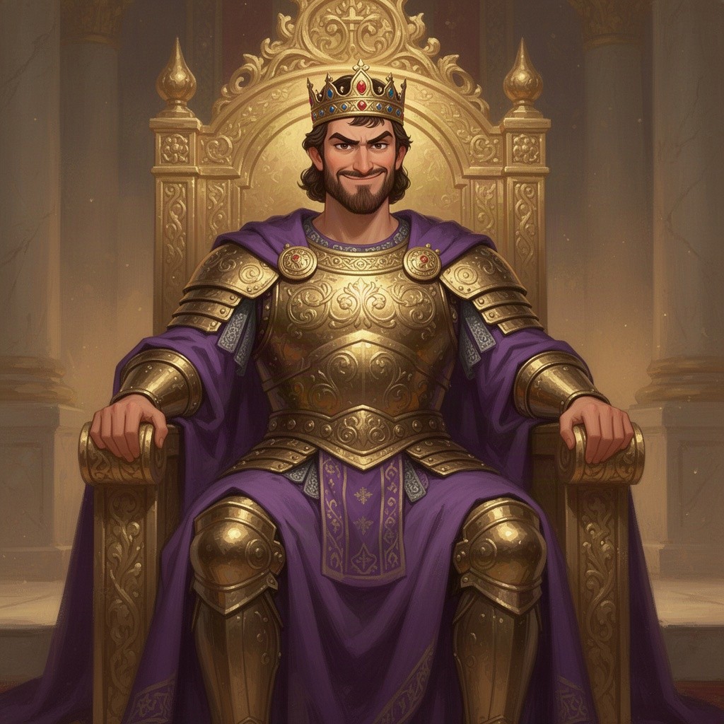 An arrogant Byzantine emperor depicted in lavish, ornate golden armor and an imperial diadem, exuding authority and confidence as he sits on a grand golden throne