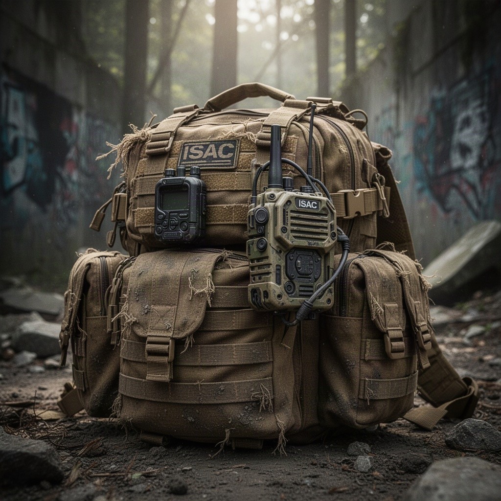 A detailed and realistic depiction of a worn tactical go bag, featuring an ISAC receiver attached to it