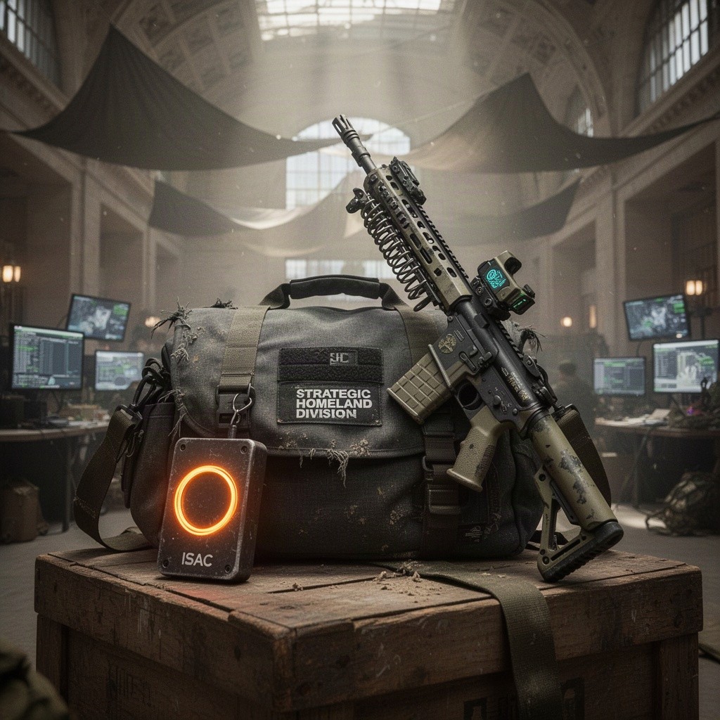 A cinematic close-up shot of a rugged, weathered Strategic Homeland Division (SHD) messenger go-bag resting on a dusty wooden crate inside a makeshift military command center within a massive NYC post office base