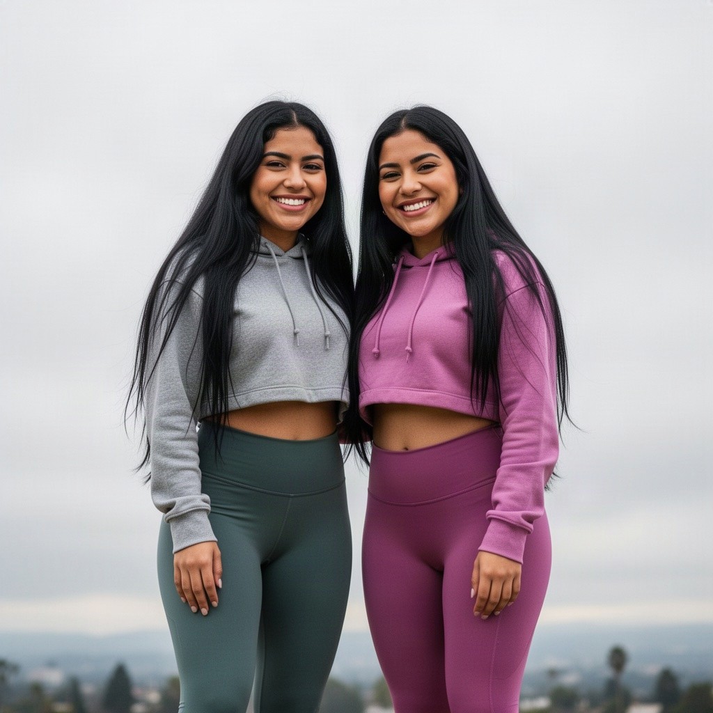 Two adorable sweetheart Latina women with extremely long black hair sweetly smiling at the viewer in full body length