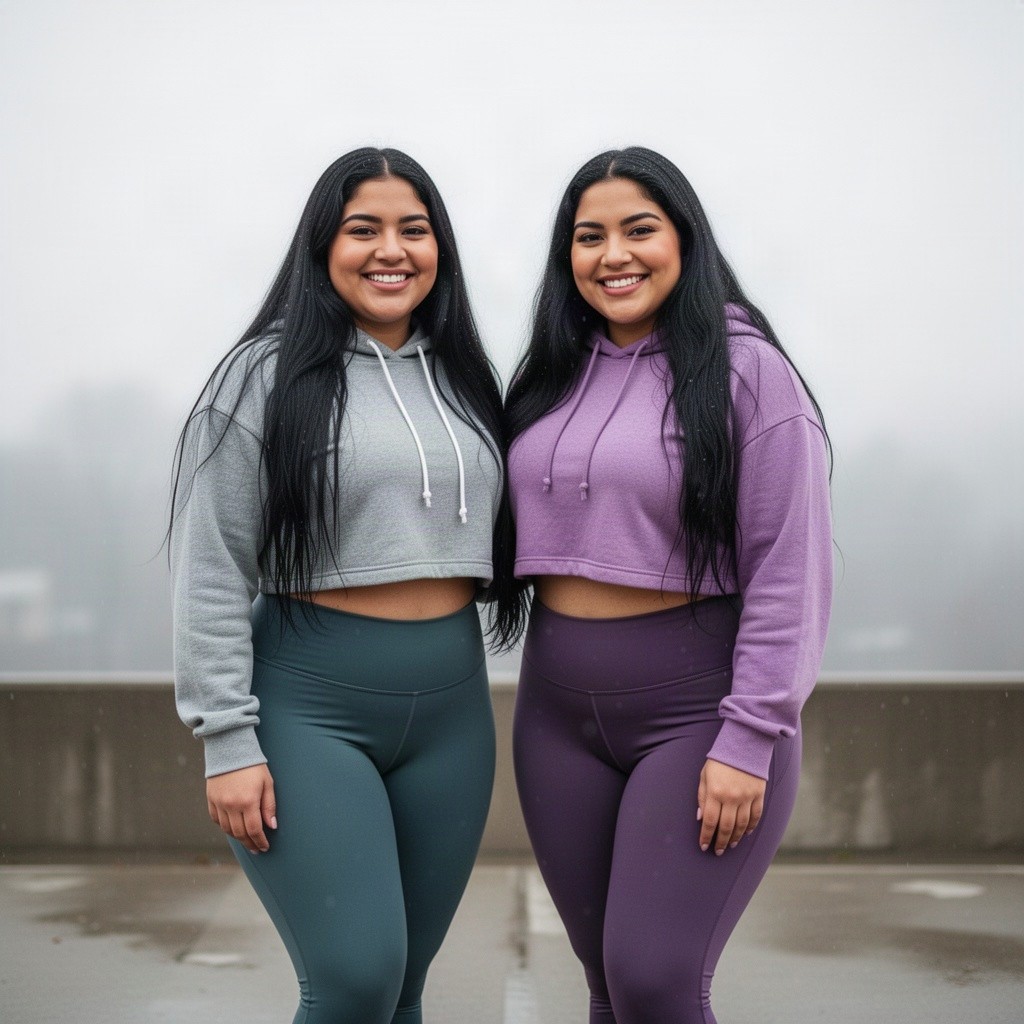 Two adorable sweetheart curvy Latina women with extremely long black hair are sweetly smiling at the viewer