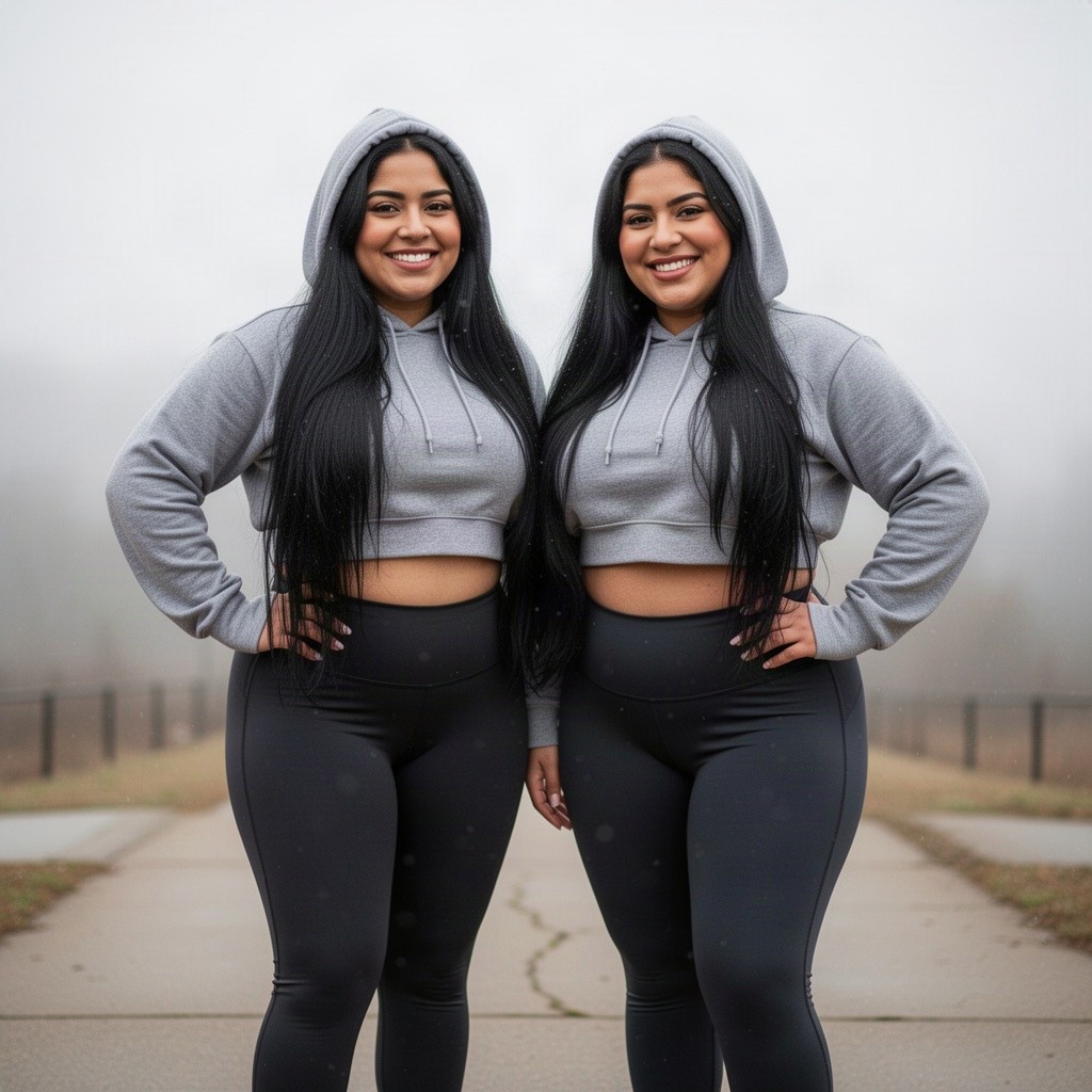 Two adorable sweetheart curvy Latina women with extremely long black hair sweetly smiling at the viewer on an overcast day