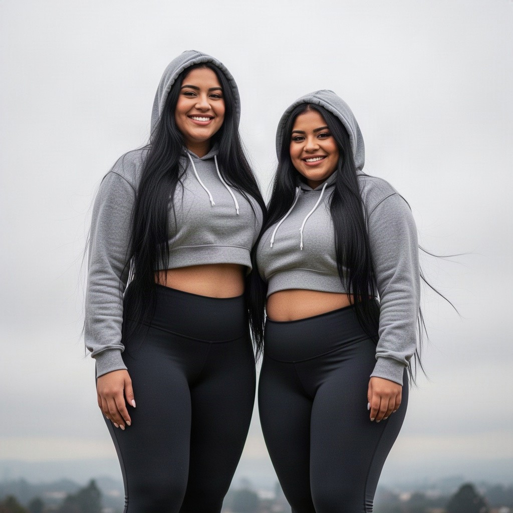 A delightful scene featuring two adorable sweetheart curvy Latina women, one notably super tall, both sweetly smiling at the viewer against an overcast sky
