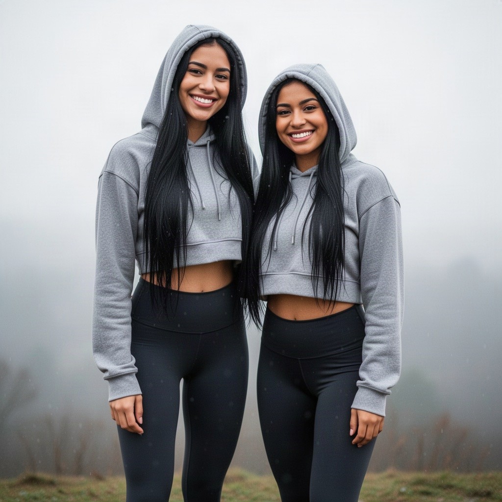 A delightful scene showcasing two adorable sweetheart Latina women, one notably super tall, both with extremely long black hair, sweetly smiling at the viewer