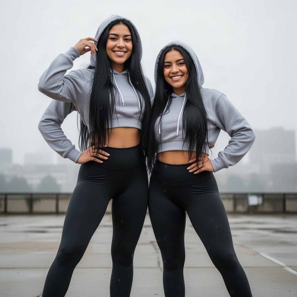 An adorable scene featuring two sweetheart Latina women, one notably super tall, both sweetly smiling at the viewer