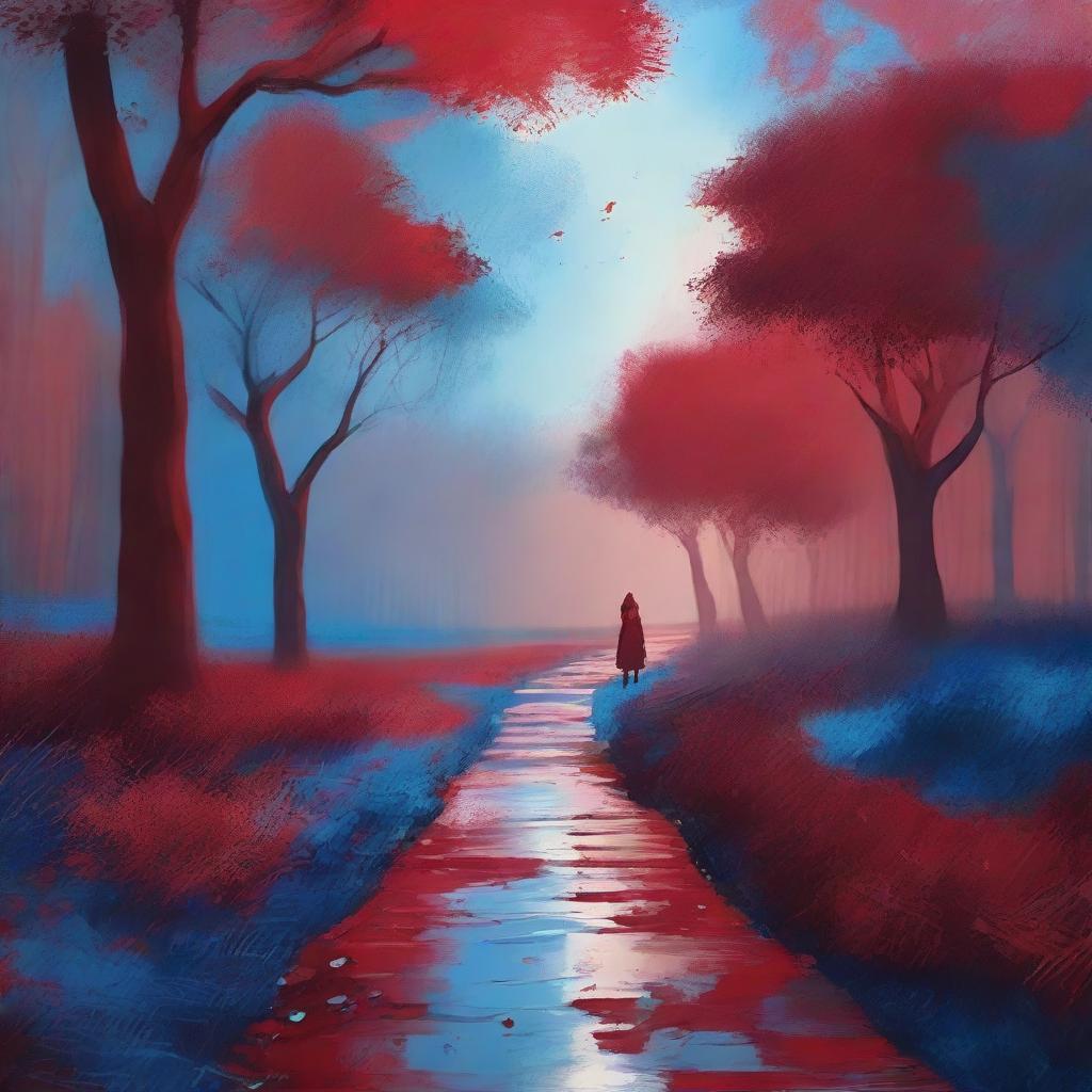 Visualize a journey of life with struggles represented by deep red and future sweetness through calming blue tones progressing seamlessly on a path.