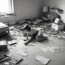 A young girl lies on the floor of her chaotic, gloom-filled room. Adjacent to her, a shattered picture frame reflects the room's darkness.