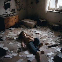 A young girl lies on the floor of her chaotic, gloom-filled room. Adjacent to her, a shattered picture frame reflects the room's darkness.