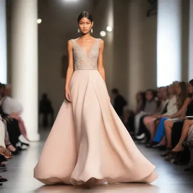 The participant wore an elegant gown for the runway show.