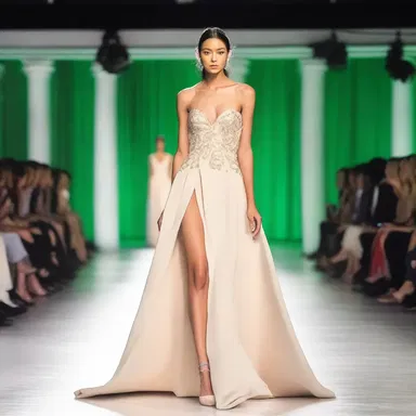 The participant wore an elegant gown for the runway show.