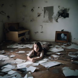 A young girl lies on the floor of her chaotic, gloom-filled room. Adjacent to her, a shattered picture frame reflects the room's darkness.