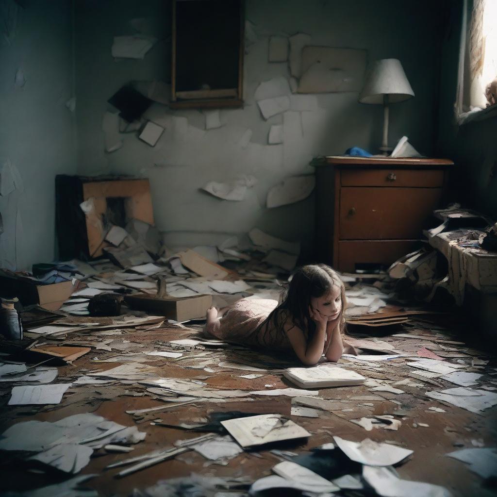 A young girl lies on the floor of her chaotic, gloom-filled room. Adjacent to her, a shattered picture frame reflects the room's darkness.