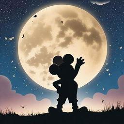 An endearing scene of Mickey Mouse silhouetted against a large, glowing full moon in a star-filled sky.