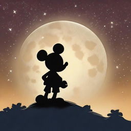 An endearing scene of Mickey Mouse silhouetted against a large, glowing full moon in a star-filled sky.