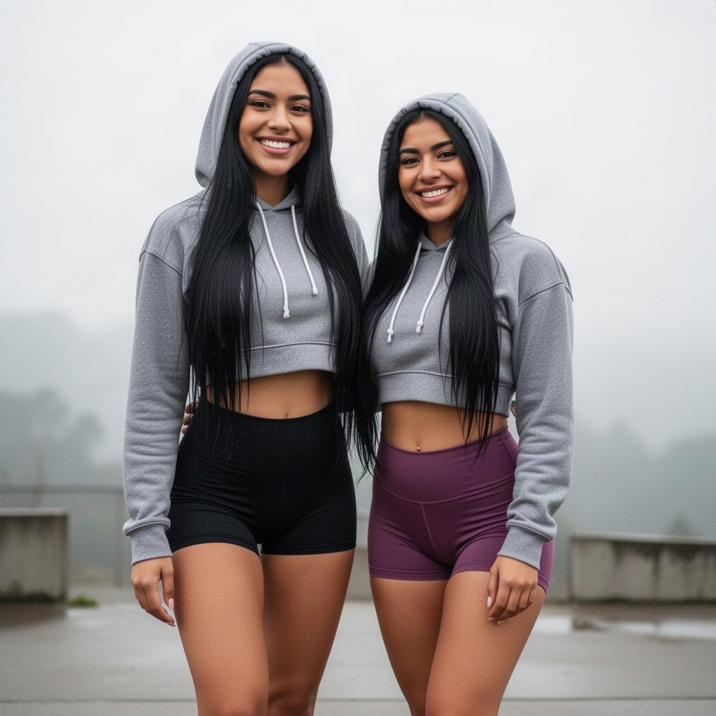 An engaging scene featuring two adorable sweetheart Latina women, one exceptionally tall, both with extremely long black hair sweetly smiling at the viewer