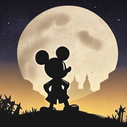 An endearing scene of Mickey Mouse silhouetted against a large, glowing full moon in a star-filled sky.