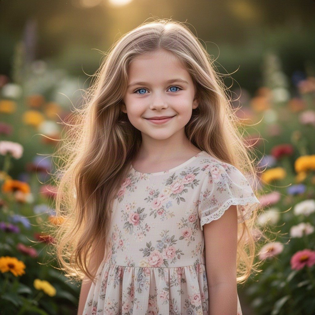 A stunning portrait of a beautiful girl with long flowing hair and captivating blue eyes