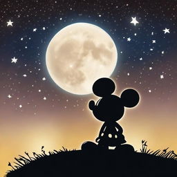 An endearing scene of Mickey Mouse silhouetted against a large, glowing full moon in a star-filled sky.