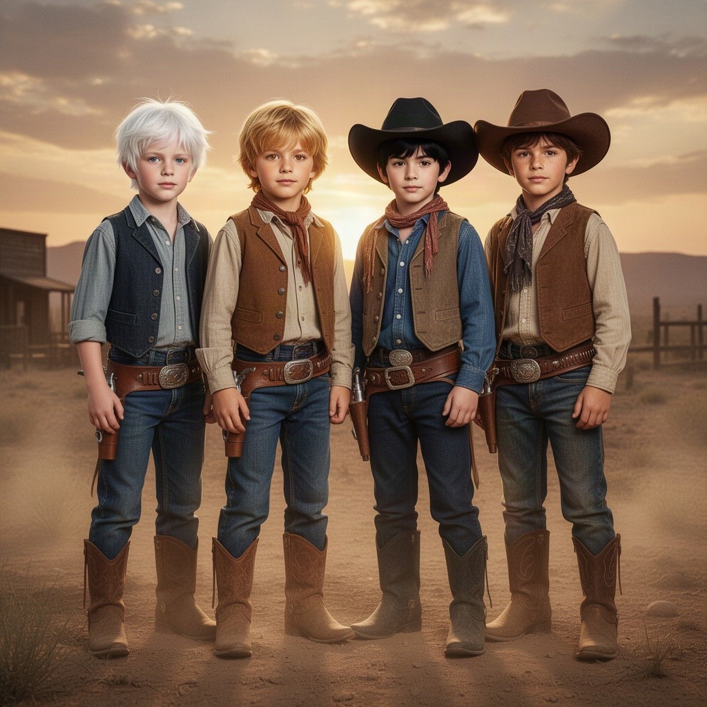 An image of four boys from the Wild West standing together