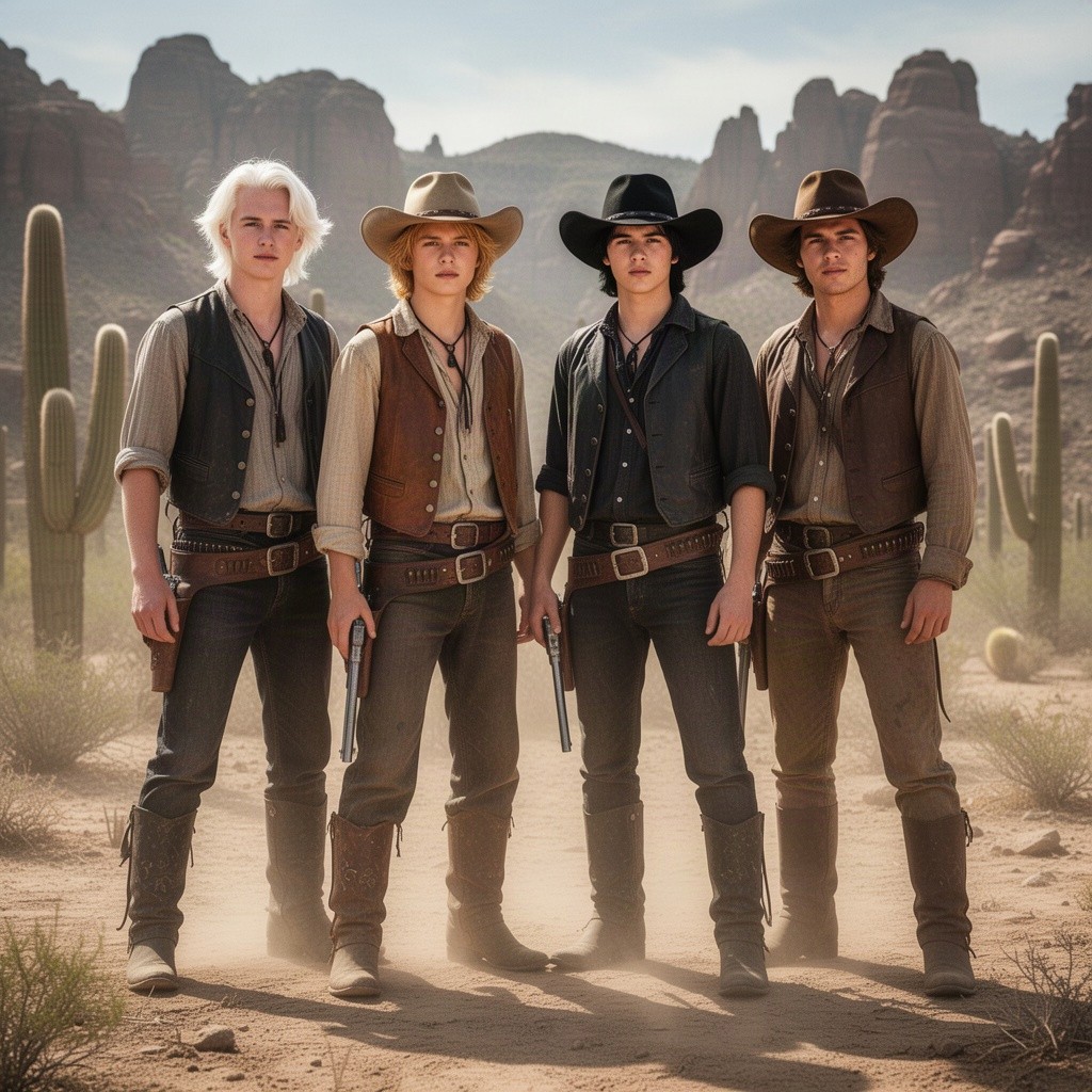 A group of four young outlaws from the Wild West aged between 20 and 24, portrayed as a gang of bandits