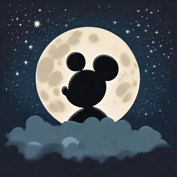 A full moon in the shape of Mickey Mouse's iconic silhouette, glowing majestically against a starlit night sky.