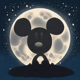 A full moon in the shape of Mickey Mouse's iconic silhouette, glowing majestically against a starlit night sky.