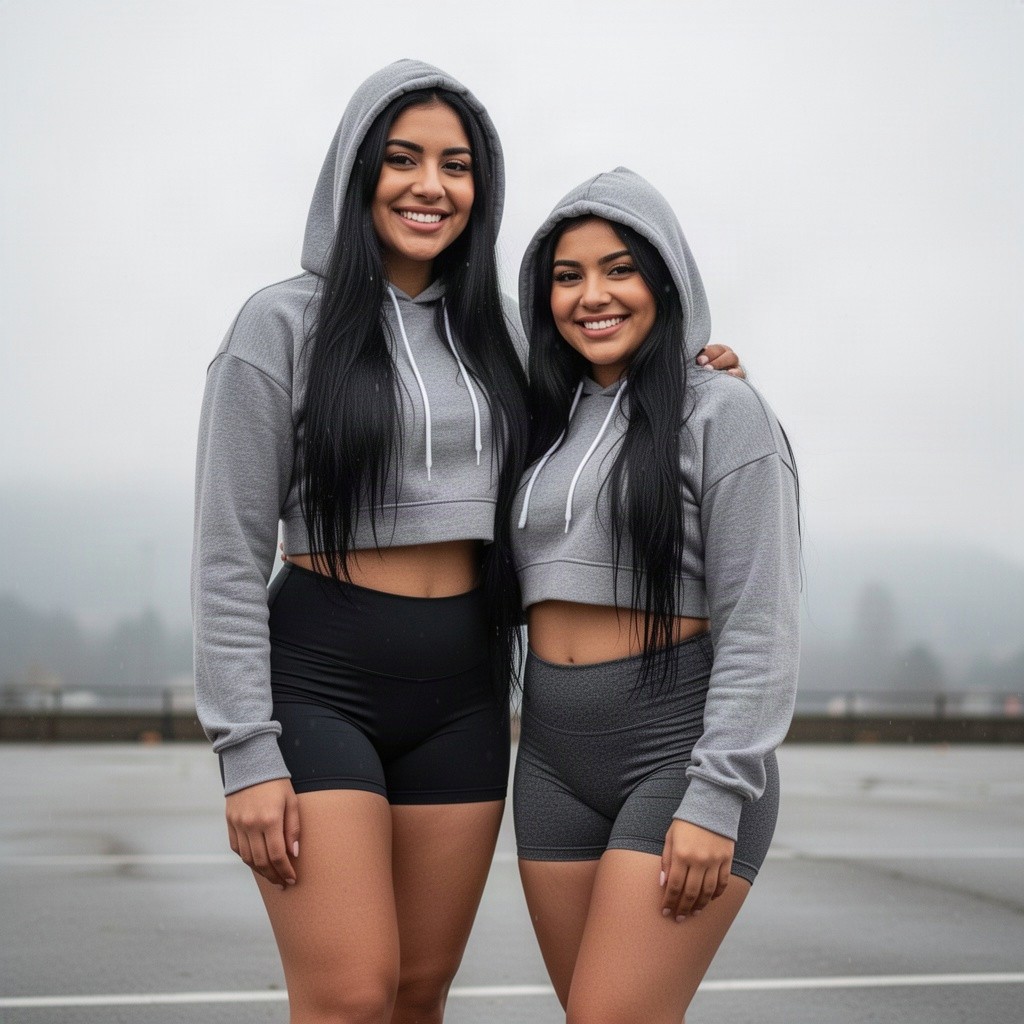 Two adorable sweetheart slightly curvy Latina women, one super tall and the other with a more petite stature, both with extremely long black hair sweetly smiling at the viewer