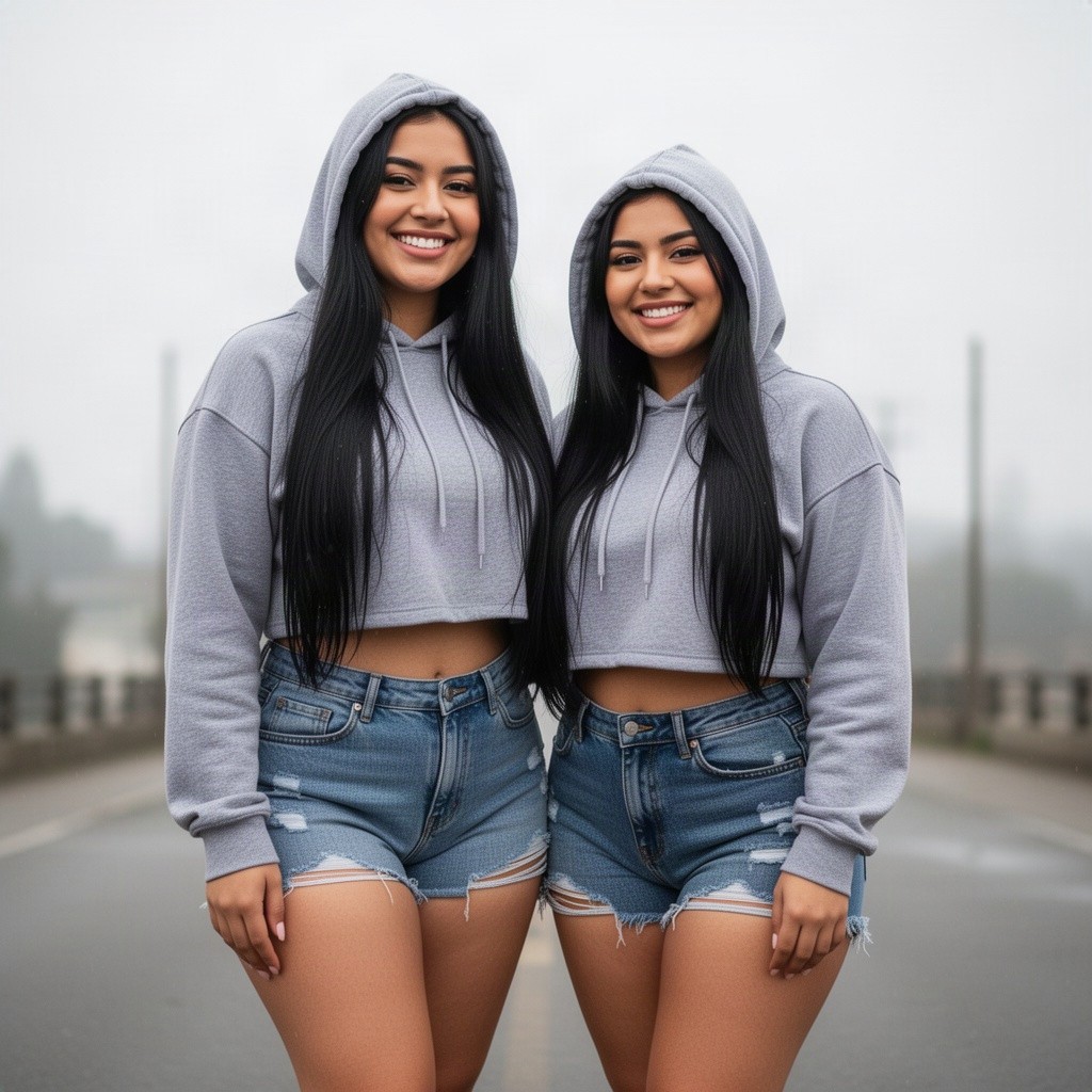 Two adorable sweetheart slightly curvy Latina women, one super tall and the other with a medium height, both featuring extremely long black hair, sweetly smiling at the viewer in full body length