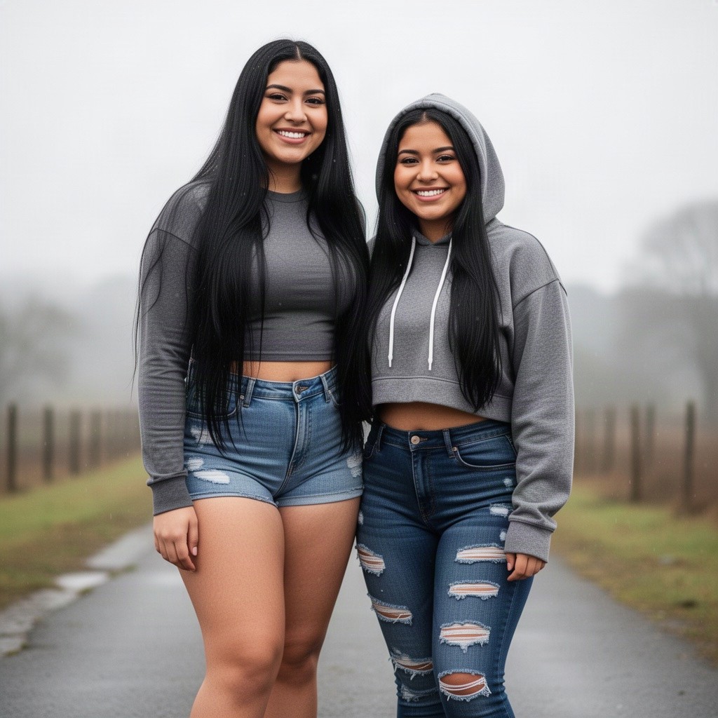 Two adorable sweetheart slightly curvy Latina women, one super tall and the other of average height, both with extremely long black hair sweetly smiling at the viewer