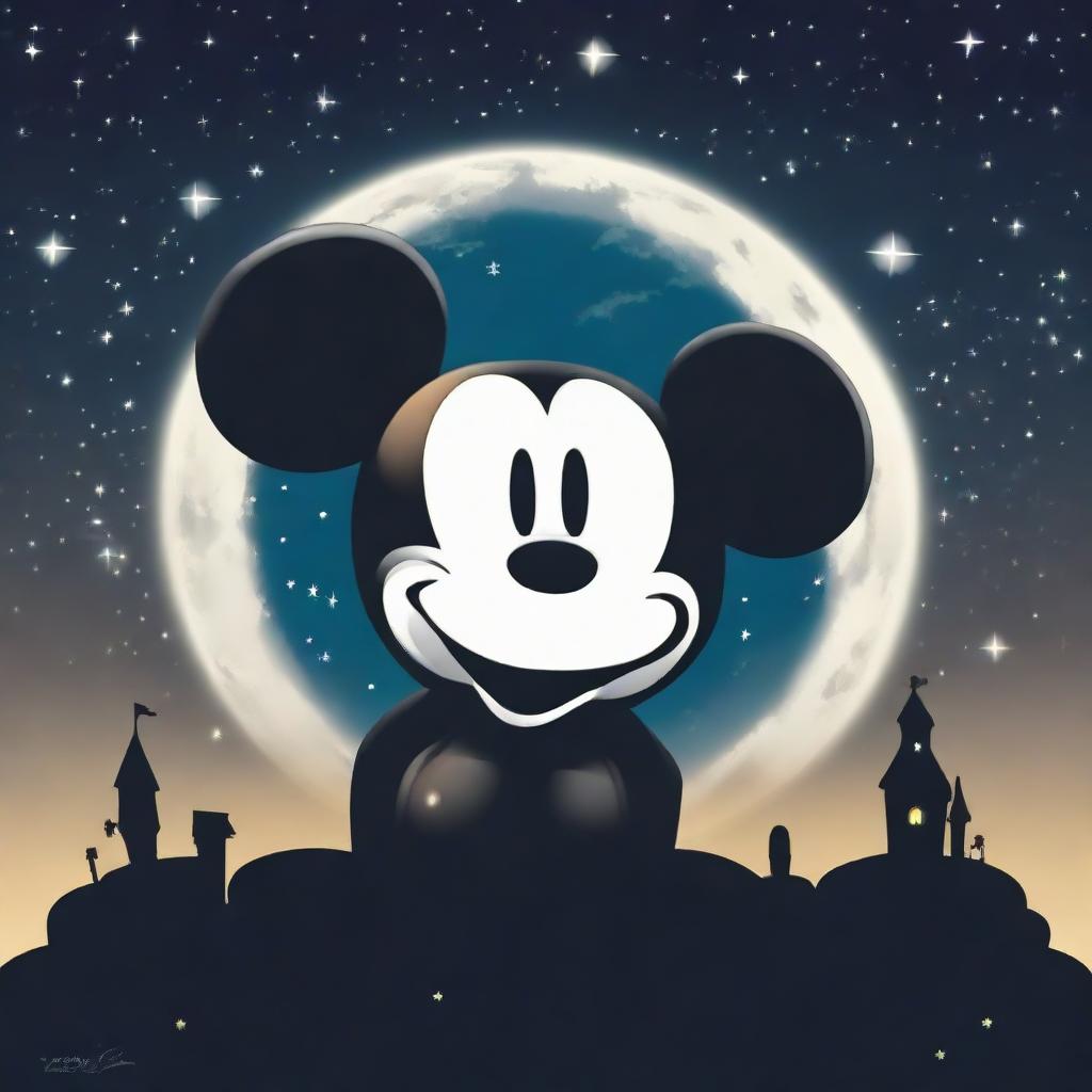 A full moon in the shape of Mickey Mouse's iconic silhouette, glowing majestically against a starlit night sky.