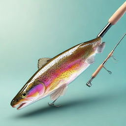 A detailed 3D render of a trout fish along with a fishing rod