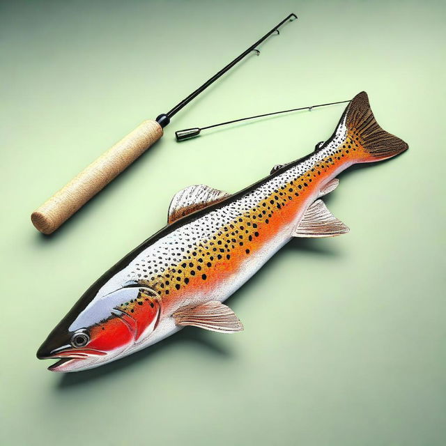 A detailed 3D render of a trout fish along with a fishing rod