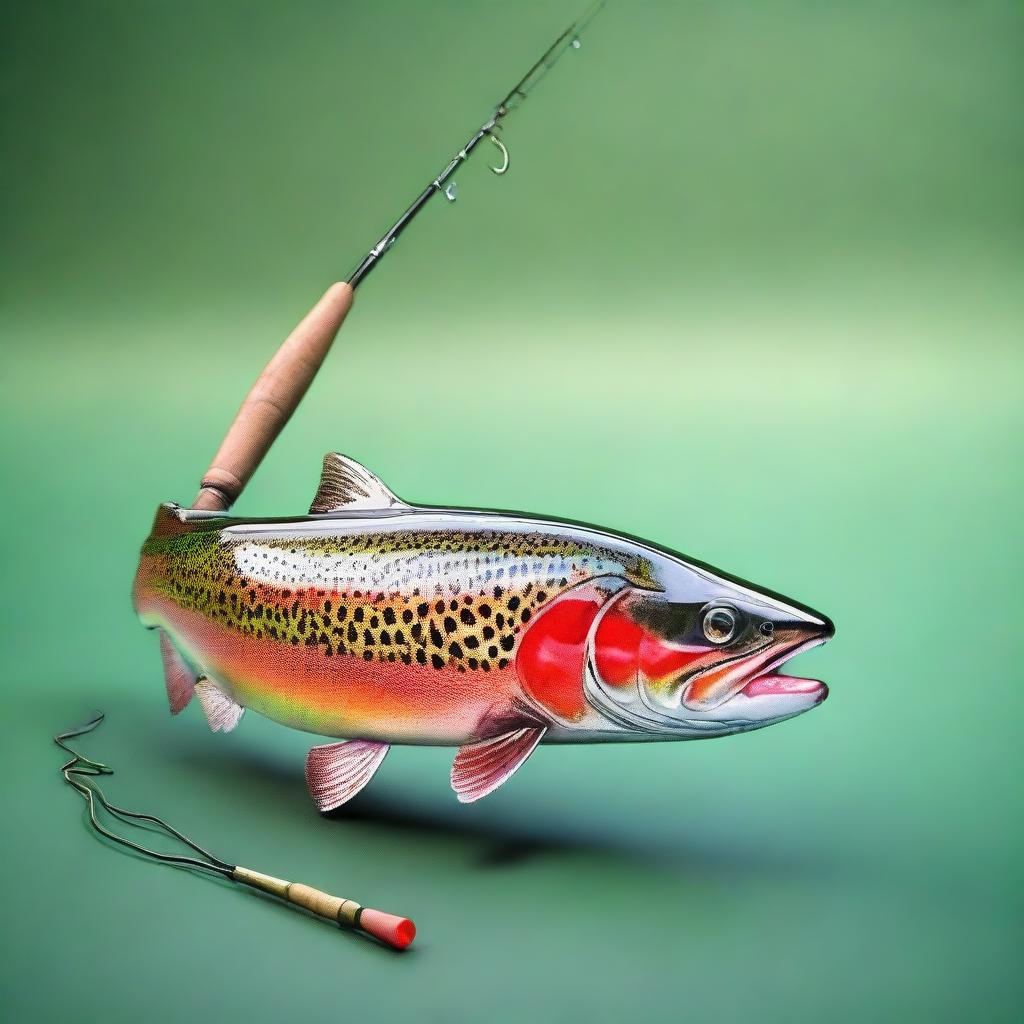 A detailed 3D render of a trout fish along with a fishing rod