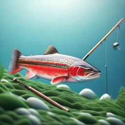 A detailed 3D render of a trout fish along with a fishing rod