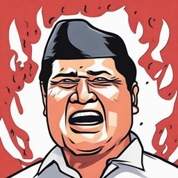 A cartoon image of Prabowo Subianto with tears streaming down his face