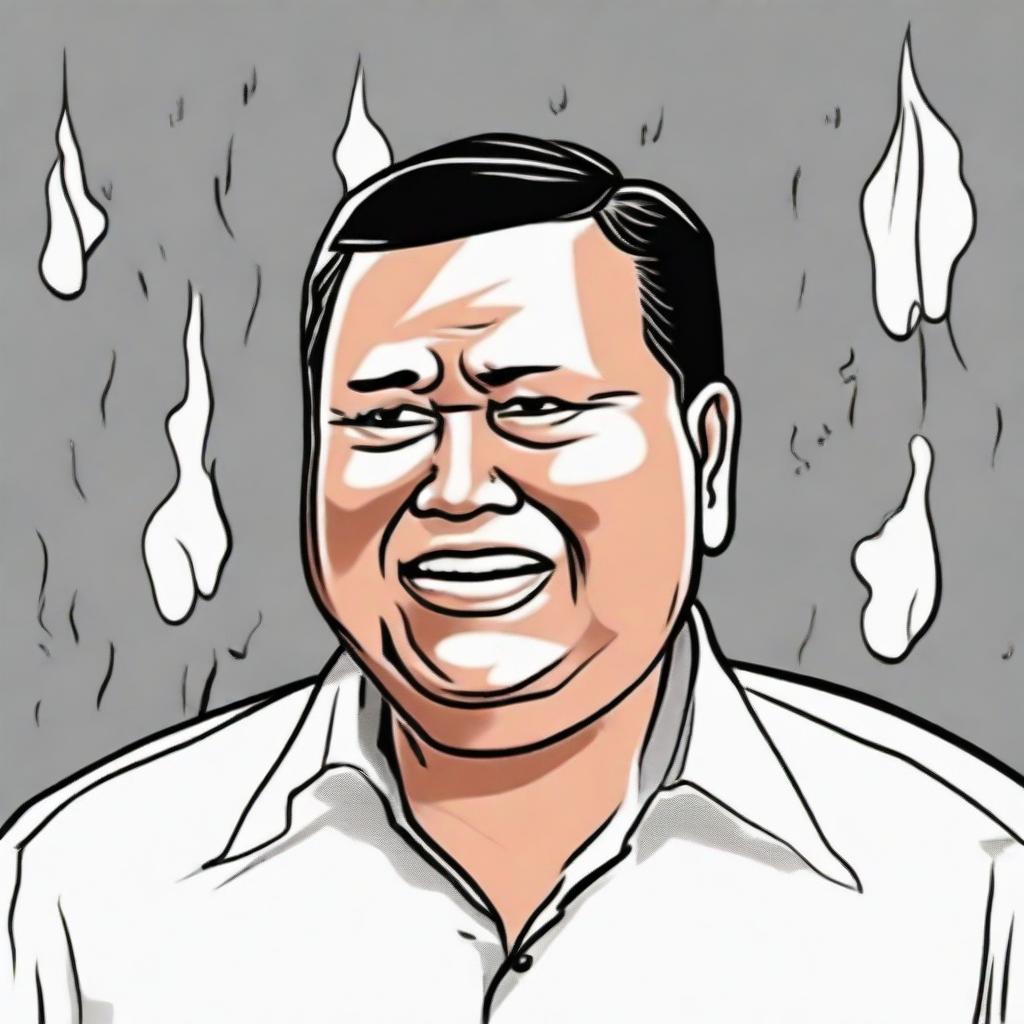 A cartoon image of Prabowo Subianto with tears streaming down his face