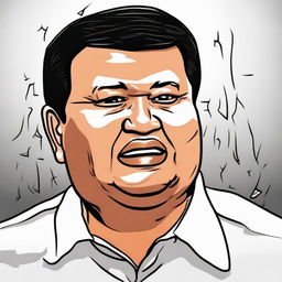 A cartoon image of Prabowo Subianto with tears streaming down his face