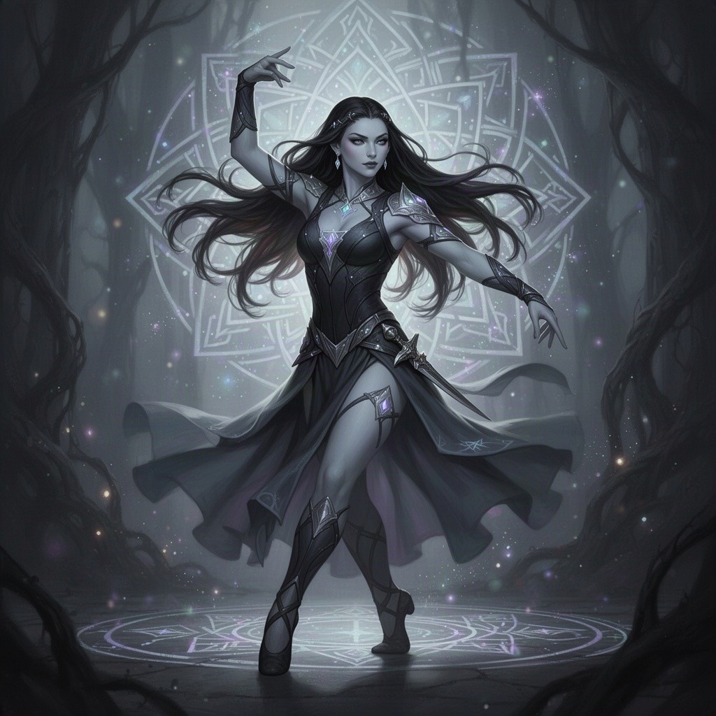 A strong young adult shadar-kai woman with an athletic build, exuding confidence and grace, dressed in an elegant yet functional outfit suitable for both dancing and combat