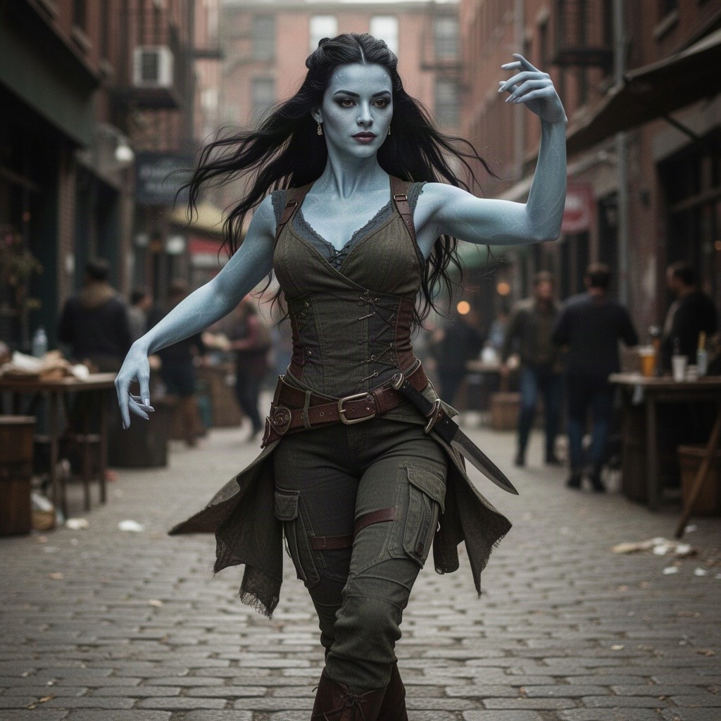 A strong young adult shadar-kai woman with an athletic build and a confident demeanor, dressed in a practical yet stylish outfit suitable for both dancing and combat