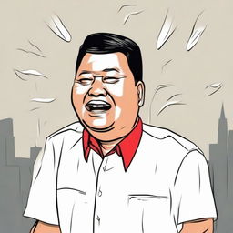 A cartoon image of Prabowo Subianto with tears streaming down his face