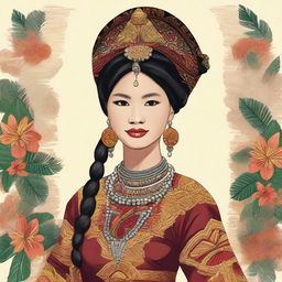 Portray a Kadazandusun lady in traditional dress, reflecting the rich culture and heritage of the indigenous ethnic group from Borneo, Malaysia.