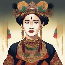 Portray a Kadazandusun lady in traditional dress, reflecting the rich culture and heritage of the indigenous ethnic group from Borneo, Malaysia.