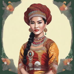 Portray a Kadazandusun lady in traditional dress, reflecting the rich culture and heritage of the indigenous ethnic group from Borneo, Malaysia.