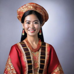 Portray a Kadazandusun lady in traditional dress, reflecting the rich culture and heritage of the indigenous ethnic group from Borneo, Malaysia.