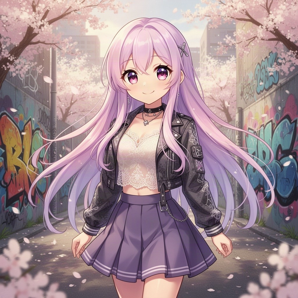 A cute anime female character aged 18+, with large, expressive eyes and long, flowing hair dyed in a gradient of soft pink to lavender