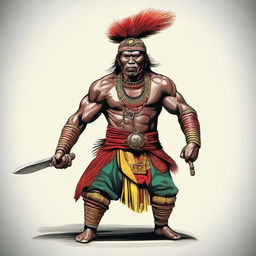 Illustrate a strong and valiant Kadazandusun warrior from Borneo, clothed in vibrant traditional attire, prepared for battle.