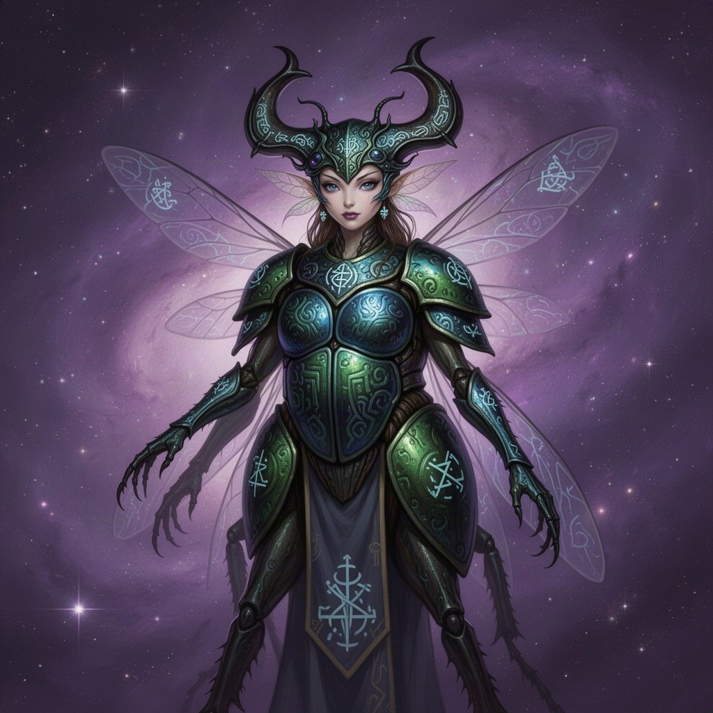 A space age scene set in a purple cosmos, featuring a beetle folk cleric of the scarab race as a D&D character