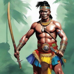 Illustrate a strong and valiant Kadazandusun warrior from Borneo, clothed in vibrant traditional attire, prepared for battle.